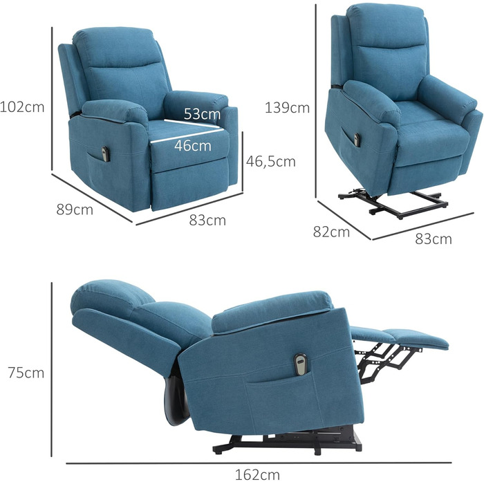 Електричне крісло-реклайнер HOMCOM з підйомником, розкладне крісло з пультом дистанційного керування, бічна кишеня, пружинна основа з кишеньковим механізмом, лляний вигляд, синій, без функції масажу