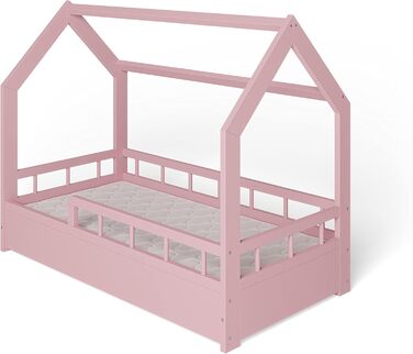 Дитяче ліжко ms factory house 70x140 см із захистом від падіння та рейковою основою - односпальне ліжко з соснової деревини для дівчаток та хлопчиків - Pink Pink Half Bed 70 x 140 см