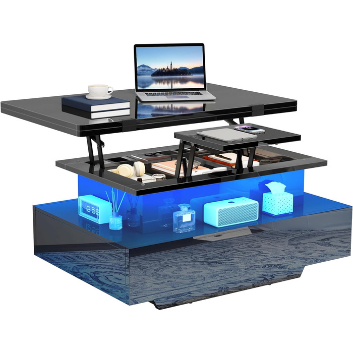 Журнальний столик з регульованою висотою, глянцевий стіл для вітальні з 2 шухлядами та світлодіодним освітленням, журнальні столики з прихованим відділенням для зберігання, трансформується в обідній стіл, чорний