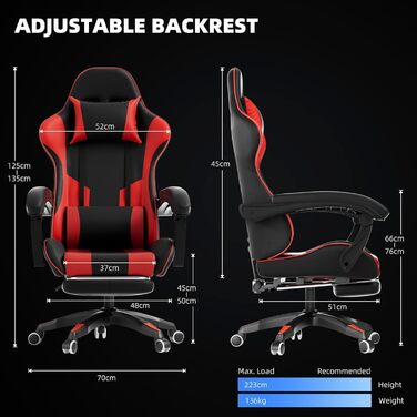 Ігрове крісло, комп&39ютерне офісне крісло з підставкою для ніг, ігрове крісло (червоне) Rot