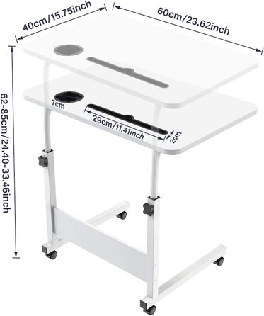 Стіл для ноутбука з регульованою висотою, бічний столик з колесами та слотами для карток, мобільний стіл/комп&39ютерний стіл для дивана, ліжка, кушетки, офісу (білий, 60x40 см) 60x40 см З 2 слотами для карток Білий