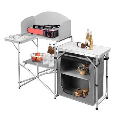 Складана кемпінгова шафа/кемпінгова кухня WOLTU, включаючи сумку для перенесення з алюмінієвою рамою, портативні/складні меблі для кемпінгу на відкритому повітрі з алюмінію та МДФ для пікніків, пляжу, використання на свіжому повітрі, білий сірий