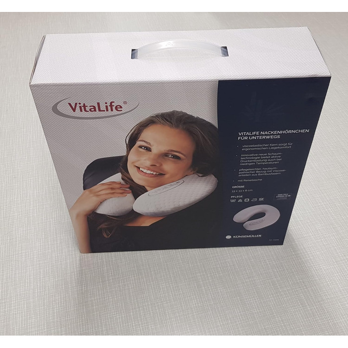 Подушка для шиї VitaLife для використання в дорозі, в&39язкопружна серцевина, активне зняття тиску, 33x33x8 см, біла