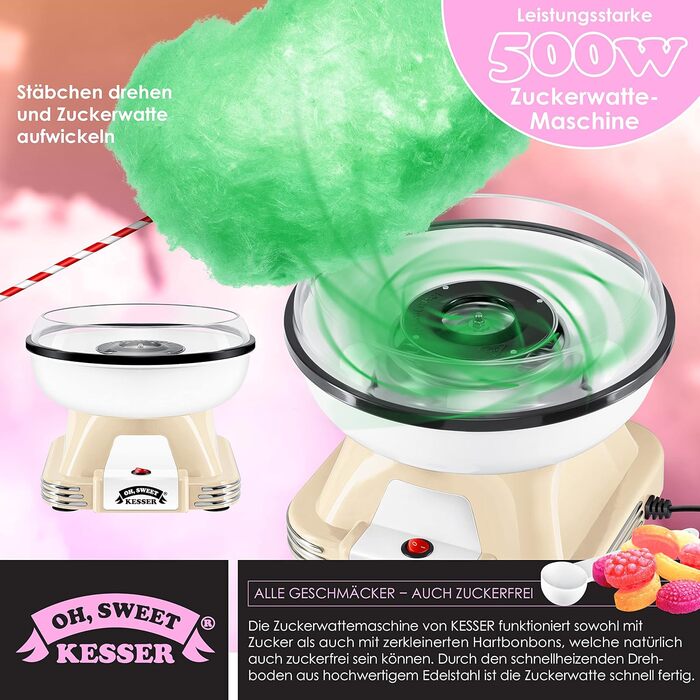 Набір машин для виробництва солодкої вати KESSER для вашого дому - З 30 паличками солодкої вати та мірною ложкою - Ретро машина для виробництва солодкої вати - Машина для виробництва солодкої вати з аксесуарами - Висота 22 см - 500 Вт Кремовий Білий Кремо