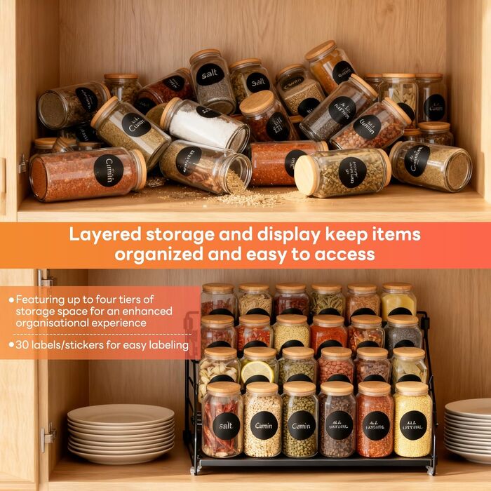 Вертикальна підставка для спецій з чотирма рівнями, регульована, не потребує свердління, підходить для зберігання спецій на кухнях, у шафах та ванних кімнатах.