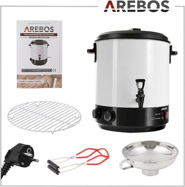 Консервуюча машина Arebos 1800 Вт Горщик для консервації 28 л з таймером, термостатом і захистом від перегріву Плавне налаштування температури 30-110 C Перемикач таймера 20-120 хв. Глінтвейн Винник Торговий автомат з гарячими напоями