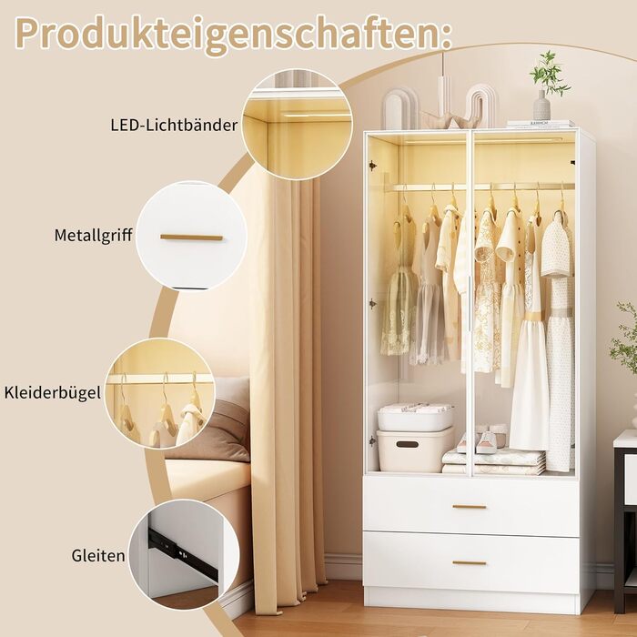 Шафа для спальні зі світлодіодним освітленням, шафа зі скляними дверима, вішалки для одягу та шухляд (Біла Ш, 50x80x175 см) Біла Ш 50x80x175 см