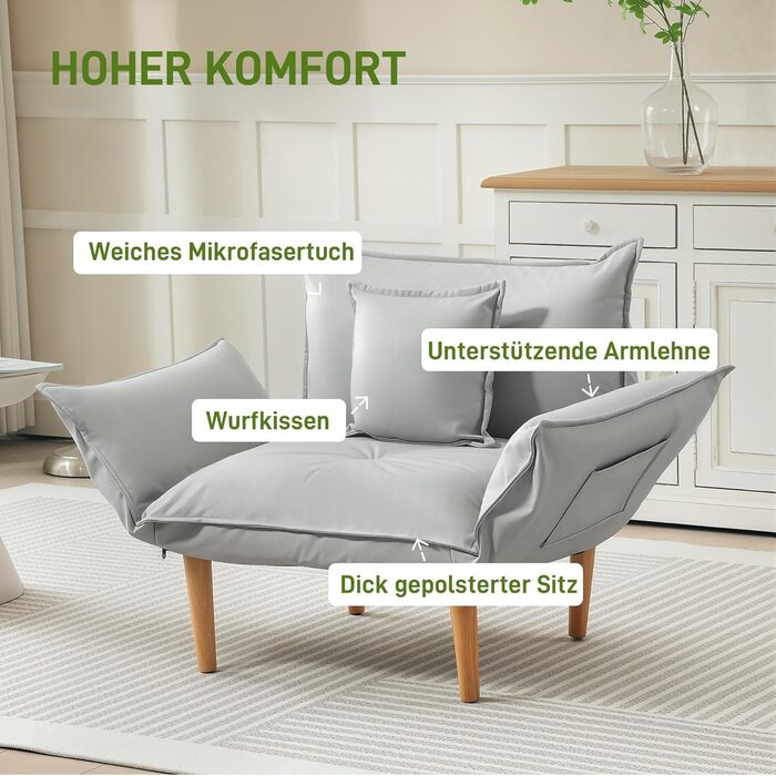 Крісло HOMCOM 2-в-1, м&39яке крісло з регульованою спинкою, м&39яке одномісне крісло з подушкою, крісло-шезлонг на дерев&39яних ніжках для вітальні, тканина з мікрофібри, світло-сірий колір