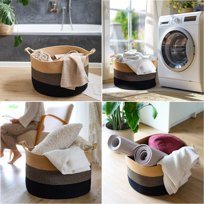 Кошик для зберігання HMF з ручками у формі щасливого вузла, великий бавовняний кошик 50 x 33 см Чорно-медовий