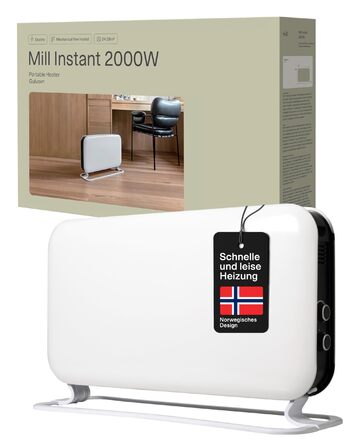 Електричний радіатор Mill 2000 Вт, Електричний конвекторний обігрівач 24-28 м, Окремостоячий електричний обігрівач, Тихий електричний обігрівач, Електричний радіатор з термостатом, Електричний обігрівач для використання в приміщенні, Білий, 24-28 м MEC