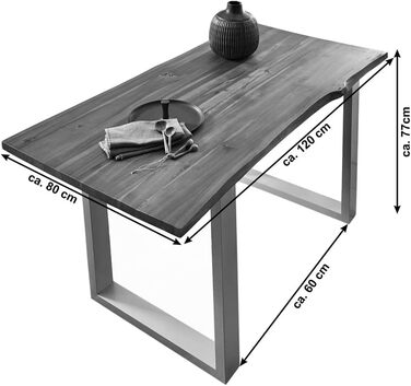 Обідній стіл SAM Esra, 120 x 80 см, масив акації, коньячного кольору, стіл з натуральним краєм та чорним металевим каркасом, обідній стіл зі стільницею з натуральним краєм 26 мм, справжній натуральний край, 120 x 80 см, коньячний/чорний