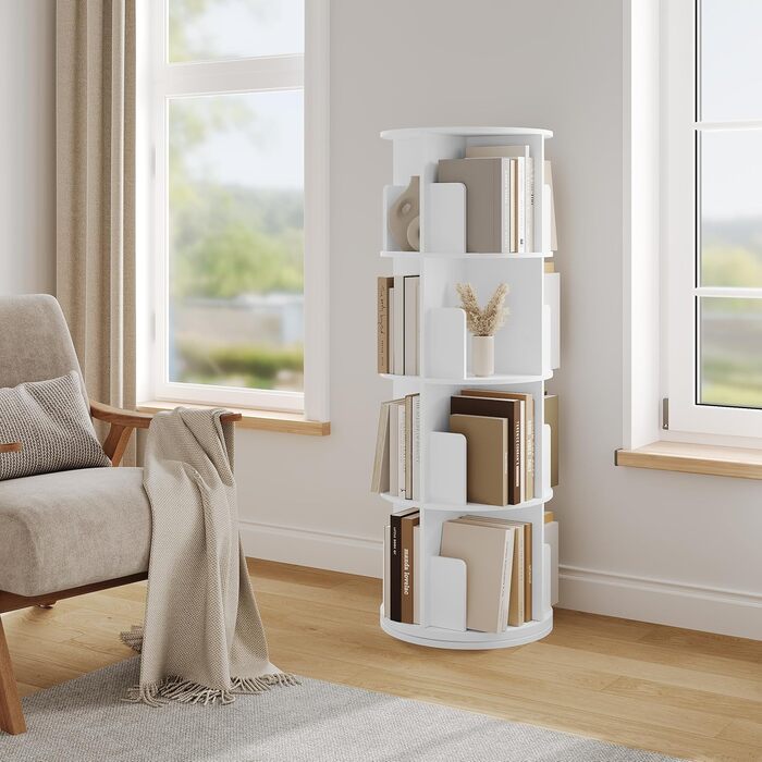 Поворотна книжкова полиця на 360 градусів, 4 яруси, 16 відділень, стояча полиця, поворотна полиця, офісна полиця, декоративна полиця, полиця для зберігання, для вітальні, спальні, офісу, дитячої кімнати, біла, 44xH127,4 см 0044SHG 44 x 127,4 см ( x h) біл