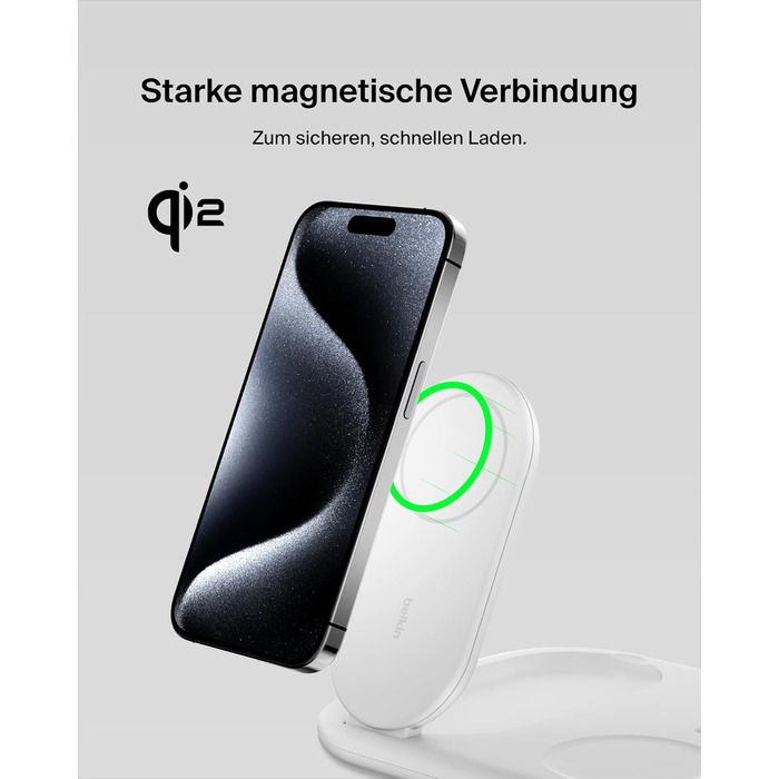 Індуктивна зарядна станція 3-в-1 Belkin BoostCharge Qi2, 15 Вт, складна підставка, сумісна з MagSafe, для Apple iPhone 16/15, Appl