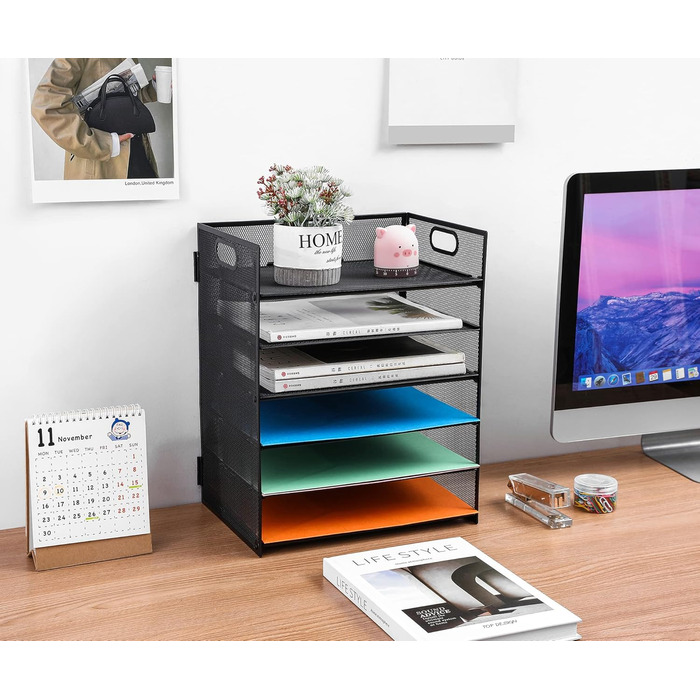 Рівневий органайзер для листів, металевий сітчастий настільний органайзер, сортувальник паперу для листів/папок A4 (чорний) Чорний, 6 рівнів, 6-