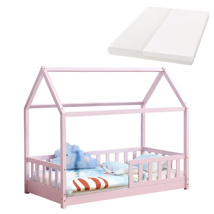 Дитяче ліжко Juskys Marli 80 x 160 см з матрацом, захисними поручнями, рейковою основою та дахом - Ліжко-будиночок з масиву дерева для дітей - Ліжко рожевого кольору