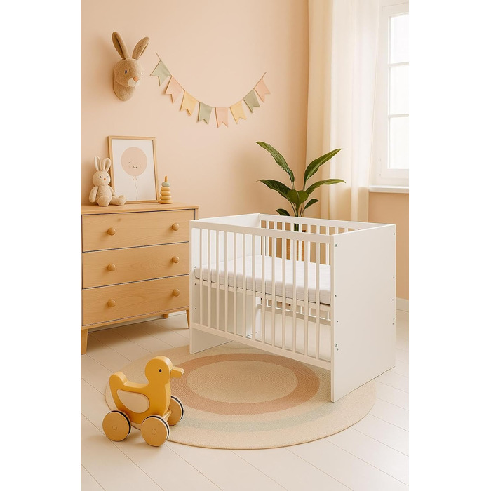 Дитяче ліжко TANY Біле 12060 см Дерев&39яне дитяче ліжко з 3-позиційною рейковою основою з регулюванням висоти та 3 знімними перекладинами Класичне ліжечко з соснової деревини та МДФ Матрац не входить до комплекту