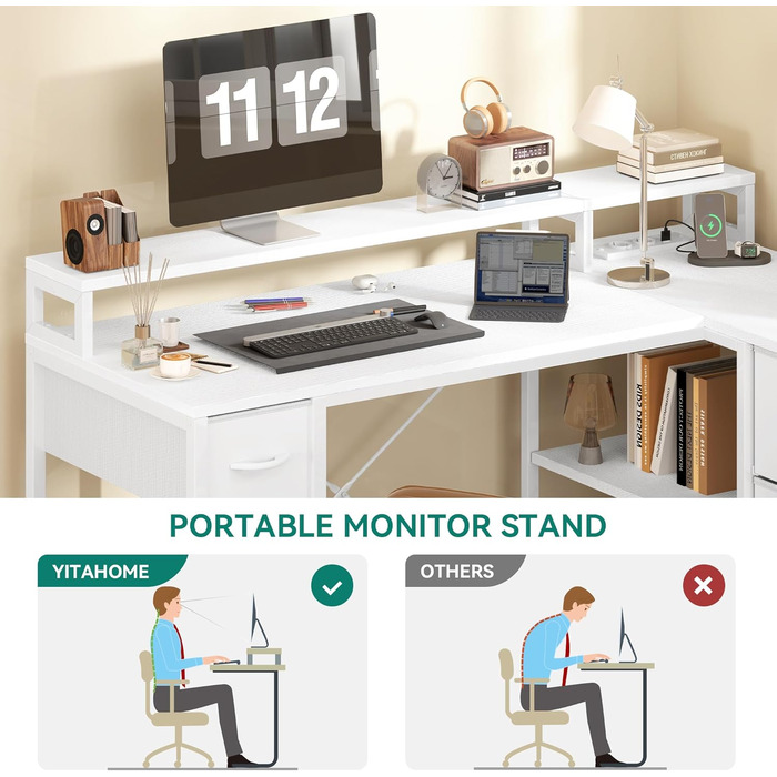 Подібний письмовий стіл із USB-портом для зарядки та розеткою, двосторонній кутовий стіл із 4 шухлядами та полицею, ігровий стіл із підставкою для монітора, 140x100 см, комп&39ютерний стіл для офісу, білий