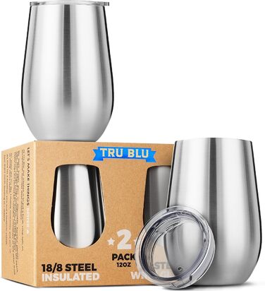 Келихи для вина з нержавіючої сталі Tru Blu Steel, з подвійними стінками, ізольовані, з кришкою - набір 2, металевий келих для вин