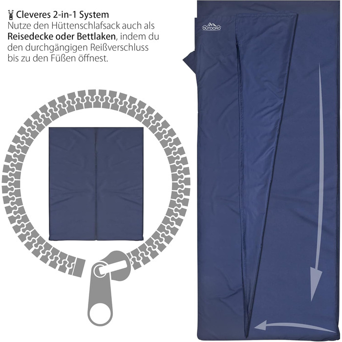 Спальний мішок Outdoro Hut, надлегкий дорожній спальний мішок - лише 350 г, виготовлений з чистої бавовни з кишенею для подушки - тонкий та компактний - підкладка, дорожнє простирадло синього кольору