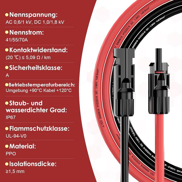Сонячний кабель 6 мм - 3 м, подовжувач сонячного кабелю, подовжувач MC4, термін служби, 25 років, для компонентів сонячної системи, для внутрішнього використання на вулиці (червоний/чорний) Сонячний кабель 6 мм- 3 м