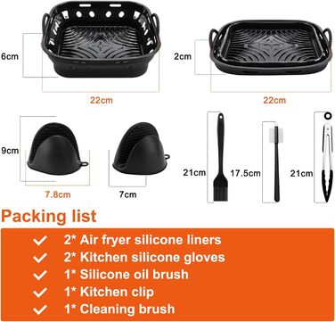 Силіконова форма Foenwoen для фритюрниці, силіконова фритюрниця 22 см силіконова каструля для фритюрниці з рукавицями для духовки, кухонними щипцями, силіконовою щіткою, легке очищення, аксесуари для фритюрниці (чорний)