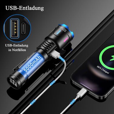 Акумуляторний світлодіодний ліхтарик, 500 000 люмен, надзвичайно яскравий ліхтарик з акумулятором 5000 мАг та РК-дисплеєм живлення, 3 режими освітлення, можливістю масштабування, для кемпінгу та використання на природі, матово-чорний