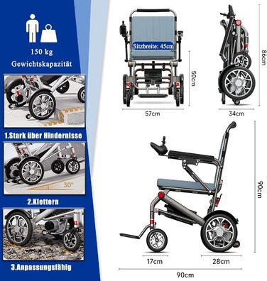 Електрична складна електрична інвалідна коляска Bueuwe, електрична портативна інвалідна коляска для дорослих і людей похилого віку, вантажопідйомність 150 кг, 14,9 кг, електричні інвалідні візки для квартири, 12ah