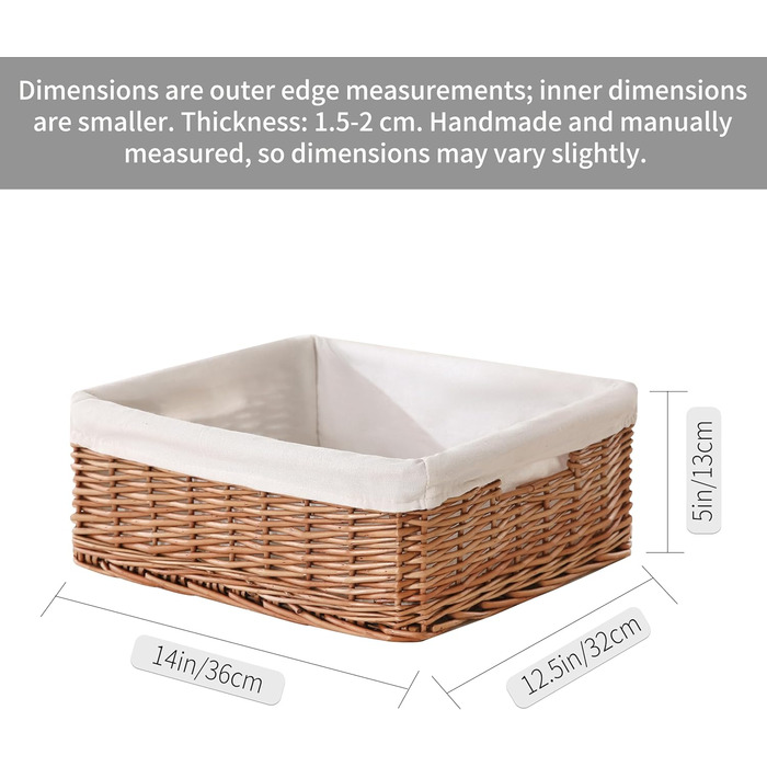 Прямокутний плетений кошик ручної роботи з бавовняною підкладкою міцний кошик для зберігання на кухні, у вітальні або на полиці, підходить для шаф шириною 33,5 см, зовнішні розміри 36 x 32 x 13 см (33,02 см x 35,56 см x 12,7 см)