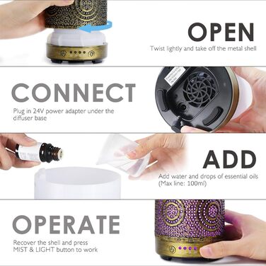 Зволожувач повітря зволожувач аромадифузор, металевий дифузор ручної роботи для ефірних масел, автоматичне вимкнення, 7 кольорів,