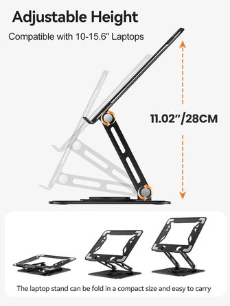 Підставка для ноутбука на стіл, регульована, з поворотним на 360 основами, ергономічна підставка для покращення постави, сумісна з MacBook Pro, Air та всіма ноутбуками від 10 до 15.6 дюймів Чорна