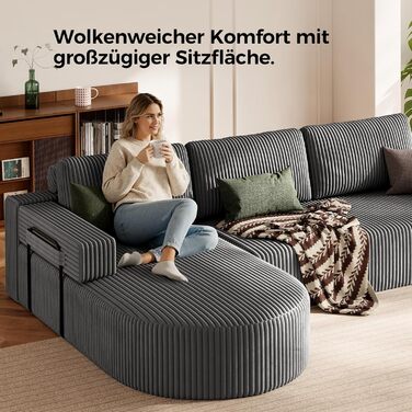 Кутовий диван з функцією сну, вельветовий L-подібний диван-ліжко, диван без кісток, секційний диван-ліжко з сидінням 75 см, модульний диван-ліжко із заокругленим шезлонгом, світло-сірий