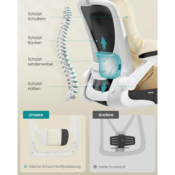 Ергономічне офісне крісло SONGMICS, обертове крісло з сіткою, поперекова підтримка, функція гойдання, розмір сидіння 53 см, складні підлокітники, для роботи та спальні, для студентів, чорно-біле OBN37WT чорний білий без підголівника