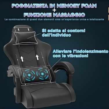 Ігрове крісло JUMMICO з масажем, ергономічне офісне крісло з масажною поперековою подушкою, ігрове крісло з регульованою спинкою 90-135 та підставкою для ніг, ігрове крісло з вантажопідйомністю 150 кг, чорне, маленьке