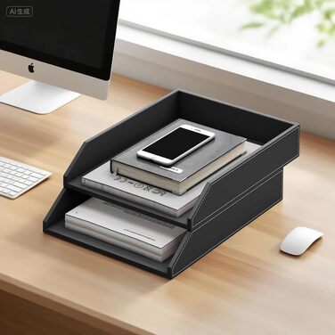 Штабелювані шкіряні лотки для документів, штабелювані лотки для листів формату А4, комплект з 2 шт. , для офісу, дому та школи, чорні.