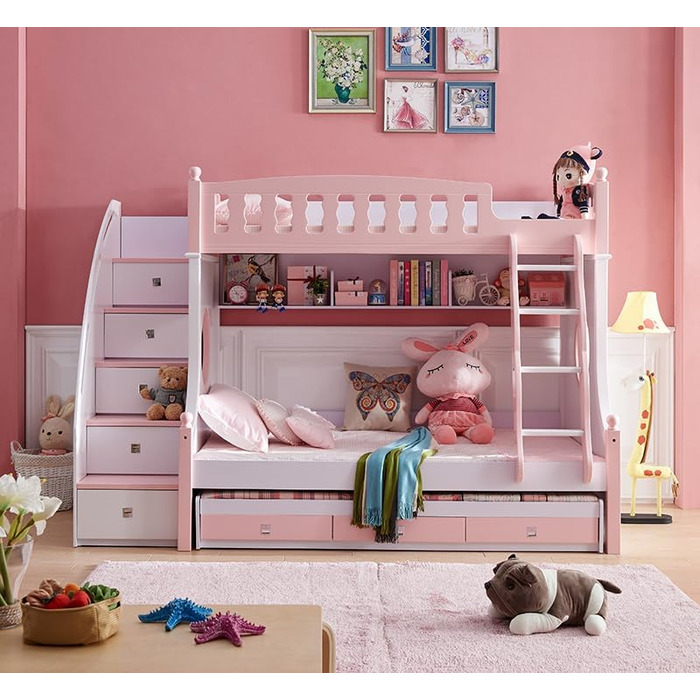 Дитяче двоярусне ліжко JooTech ліжко-горище дитяче ліжко функціональне ліжко зі сходами з полицею з ящиками 3 спальних місця рожев