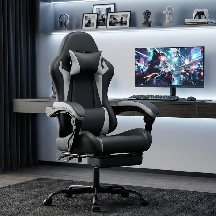 Безбрендове ігрове крісло ергономічне з регульованою висотою з підголівником, поперековою подушкою, обертове крісло для офісу, домашнього офісу, ПК, для дорослих та підлітків (чорно-біле ПВХ), 0I&I0I