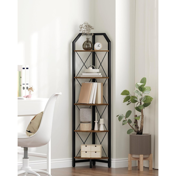 Кутова полиця з 5 полицями, промислова книжкова шафа, окремостояча підставка для дисплея, кутова полиця для ванної кімнати, підставка для рослин, для спальні, кухні, рустикальний коричнево-чорний DTCJ10BF