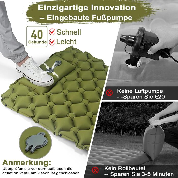 Надлегкий надувний килимок для кемпінгу 800 г R-значення 3.0 на 4 сезони, міцний водонепроникний надувний матрац для походів, трекінгу, використання на природі у військових цілях, зелений, одномісний