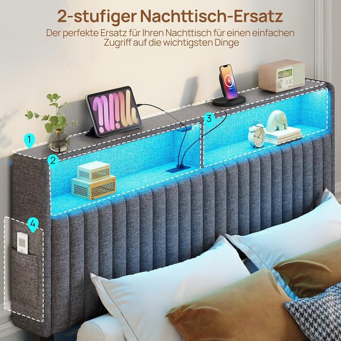 Металеве ліжко-семитуфля 90x200 см зі світлодіодним освітленням, включаючи рейковий каркас, плаваюча конструкція, стабільне та міцне, легке складання, сірого кольору без матраца сірого кольору 90 x 200 см