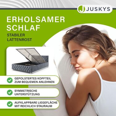 Ліжко Juskys Nice з м&39якою оббивкою 120x200 см, оксамитове, з місцем для зберігання, світлодіодним освітленням та рейковою основою - стьобане узголів&39я та честерфілдська стьобана тканина - каркас ліжка - сірий 120 x 200 см