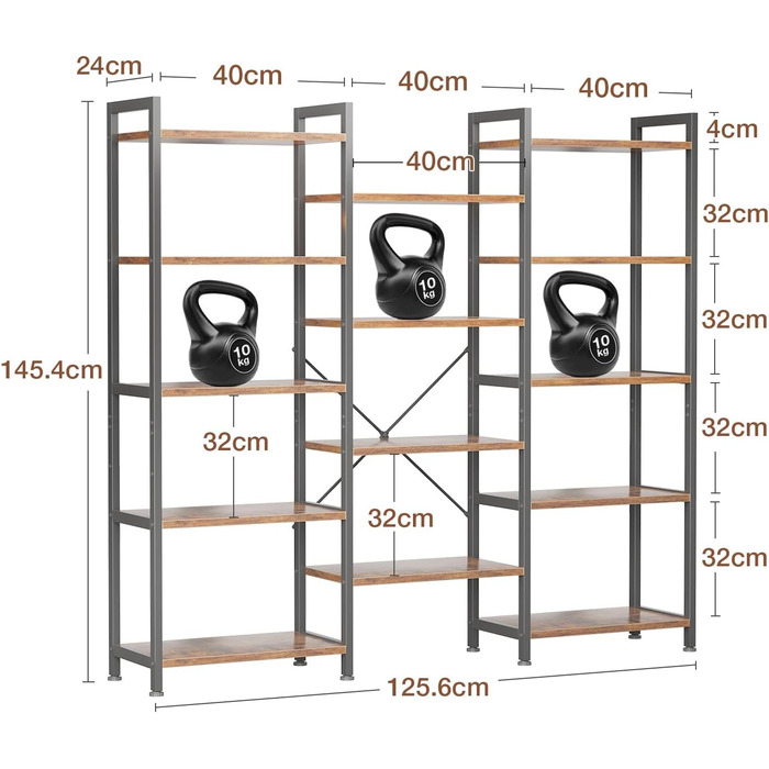 Книжкова полиця Coleshome з 14 полицями, металевий каркас, 5 ярусів, промисловий дизайн, стелаж-перегородка з місцем для зберігання, 24 x 125,6 x 145,4 см, окремостояча полиця для офісу, вітальні, спальні, кухні, коричнева, 5 ярусів