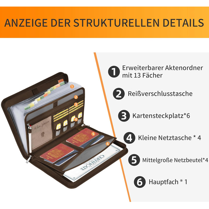 Папка для документів A4 з 13 відділеннями та кількома відділеннями - Вогнетривка сумка для документів із застібкою-блискавкою та етикетками - для файлів формату А4 Закордонний паспорт Чек та інше (L, Прозора гармошка з 13 кишенями, Коричневий), 4 -