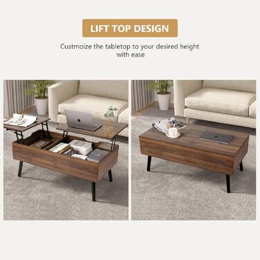 Журнальний столик VOWNER, журнальний столик з регульованою висотою, розсувний, висувний журнальний столик, окреме приховане відділення для зберігання, подвійна підйомна платформа, стіл для вітальні, колір горіх