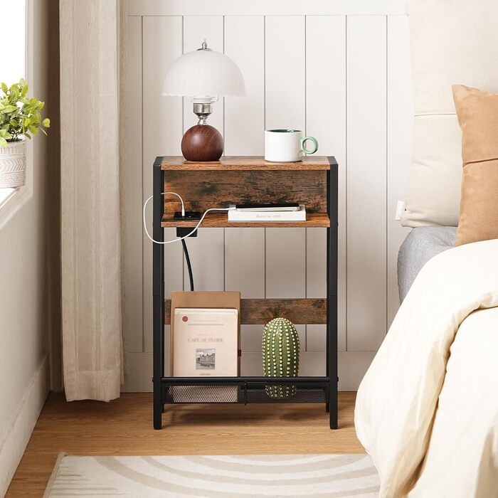 Вузький приставний столик, столик біля дивана із зарядною станцією, тумбочка з 2 дерев&39яними композитними панелями та 1 металевою полицею, для невеликих приміщень, вітальня, вінтажний коричневий та чорний DTBZ05CBF Вінтажний коричневий, чорний