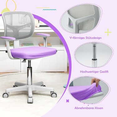 Дитяче крісло COSTWAY з поворотом на 360, регульоване по висоті 80-91,5 см зі спинкою та підлокітниками, комп&39ютерне крісло з 5 колесами для дітей 3-10 років (фіолетове)