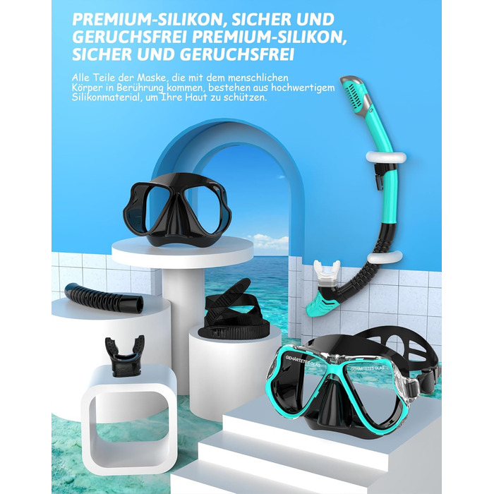 Набір для сноркелінгу QcoQce для дорослих, суха трубка з маскою для дайвінгу із загартованого скла із захистом від запотівання та протікання, панорамний вид та легке дихання для сноркелінгу та дайвінгу