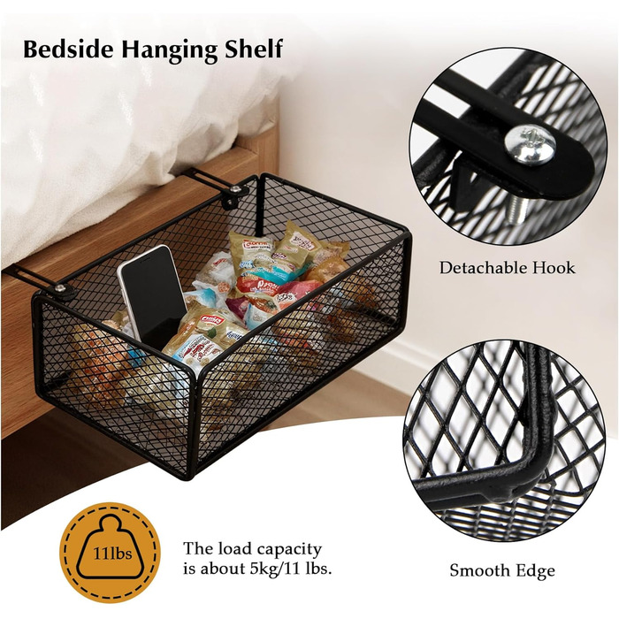 Підвісний металевий кошик для зберігання речей для тумбочки біля ліжка, підвісний кошик для книг, телефонів, окулярів, журналів, підвісний органайзер для домашнього офісу, шкільного гуртожитку (білий, 37 x 15 x 9 см) Білий 37 x 15 x 9 см