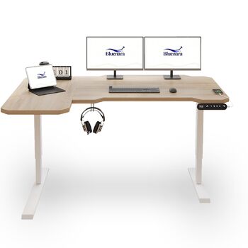 Електричне регулювання висоти письмового столу, L-подібний стіл 150 см для роботи сидячи та стоячи з 4 налаштуваннями пам&39яті, стільниця зі зрощеного світлого дуба, регульований по висоті стіл для домашнього офісу 150x78 світлий дуб
