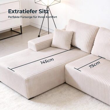 Кутовий диван Cloud, L-подібний модульний кутовий диван з глибоким сидінням, диван без опорних стійок для вітальні та спальні, кремова вельветова оббивка, лівий шезлонг бежевого кольору, 105&39