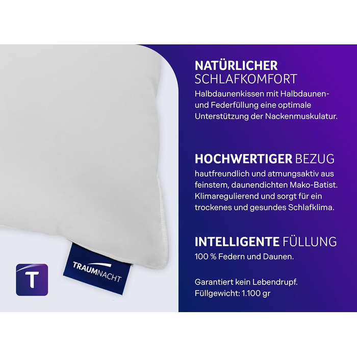 Пухова подушка Traumnacht Comfort з високоякісним напівпуховим наповнювачем та пухостійким чохлом зі 100 бавовни, сертифікована Oeko-Tex, 80 x 80 см, виготовлена за німецькими стандартами якості, 1 пухова подушка 80 x 80 см